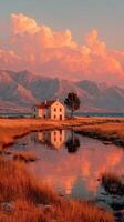 Serene sunset over tranquil landscape with a rustic house by a reflective pond and mountains in the background photo