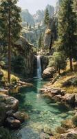 Serene waterfall cascading into a crystal-clear pool surrounded by rocky mountains and lush greenery in a tranquil natural setting photo