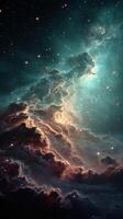 Vibrant cosmic nebula displays swirling clouds against a starry backdrop in deep space photo