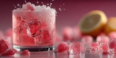 Refreshing pink beverage with ice and lemon slices on a vibrant background during summer evening photo