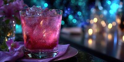 Refreshing cocktail sits on a styled table surrounded by colorful lights and floral decorations during an evening gathering photo