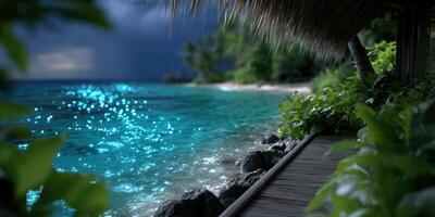 Calming beachside view at dusk with shimmering water and lush vegetation photo
