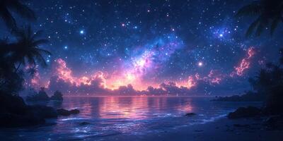 Stunning cosmic landscape with vibrant stars and tranquil ocean under a colorful sky at twilight photo