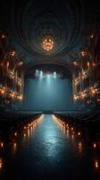 Elegant theater interior with ornate design and dramatic lighting creating an atmospheric ambiance for performances photo