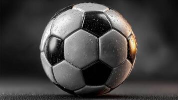 Soccer ball resting on a wet surface with raindrops at a nighttime sports venue photo