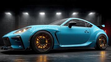 Sporty blue car showcased in a dimly lit garage with dramatic lighting and stylish wheels photo
