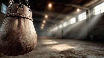 Old leather punching bag hangs in a dimly lit boxing gym with soft rays of light shining through the windows photo