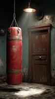 Old boxing gym with a hanging red heavy bag in a dimly lit room photo