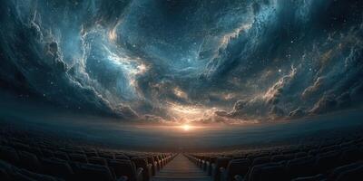 Stunning cosmic landscape with vibrant colors and star-filled sky at twilight over an empty theater photo