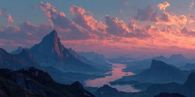 Majestic mountain landscape at sunset with vibrant clouds and reflective river in serene valley photo