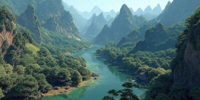 Lush green mountains frame a tranquil river in a serene valley during daylight hours photo