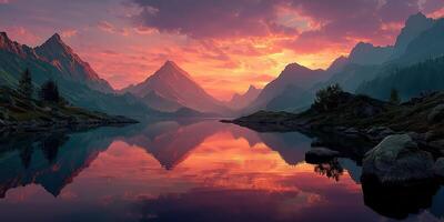 Majestic sunset over peaceful lake surrounded by towering mountains and colorful sky in a serene landscape photo