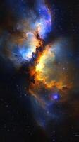 Cosmic nebula explodes in vibrant colors with swirling gas and bright stars in deep space, captivating the universe at night photo