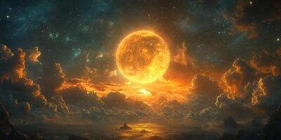 Majestic sunset over the ocean with a vibrant sun illuminating the clouds and water at twilight photo