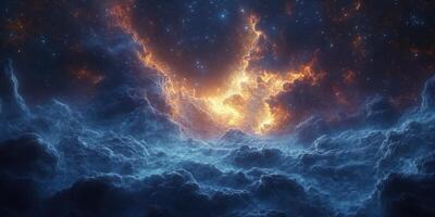 Cosmic nebula displays vibrant colors above fluffy clouds in deep space at a distant galaxy photo