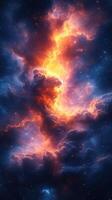 Vivid cosmic nebula with fiery colors and swirling patterns in deep space at night photo