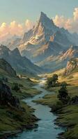 Majestic mountain landscape with serene river flowing through valley during golden hour photo