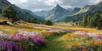 Vast wildflower meadow under cloudy sky in a mountain valley during late spring photo