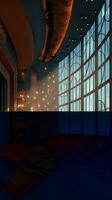 Beautiful theater interior with large windows and warm lighting at sunset showcasing artistic design and empty seats photo