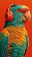 Colorful parrot wearing headphones enjoys music against a vibrant orange background photo