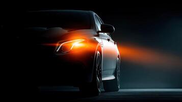 Sleek black car with glowing headlights under dramatic lighting at night photo