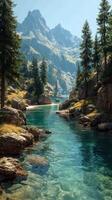 Scenic river flowing through a lush valley surrounded by mountains on a bright sunny day photo