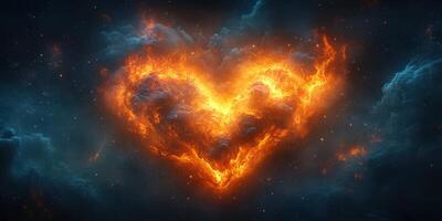 Heart shaped fire in a dark starry sky evokes passion and warmth during a cosmic night photo