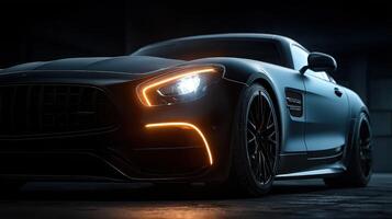 Sleek black sports car illuminated at night in a modern garage setting showcasing luxury and design aesthetics photo