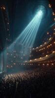 Audience captivated by performance in grand theater illuminated by spotlight at night photo