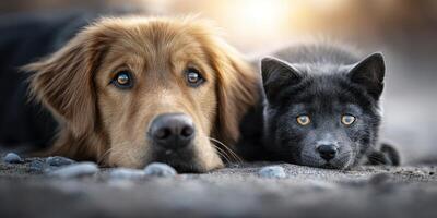 Golden retriever and black puppy resting together on the ground during sunset photo