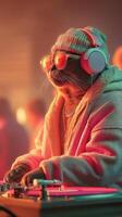 DJ cat spins tracks at a vibrant party setting featuring colorful lights and lively crowd photo