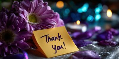 Gratitude message on sticky note with flowers and ambient candles creating a warm atmosphere photo