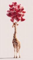 Giraffe holding heart-shaped balloons in a whimsical display of affection in a light and playful setting photo