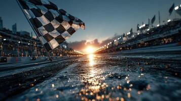 Checkered flag signals the end of an exciting race at the sunset-lit stadium track photo