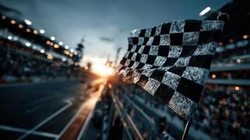 Checkered flag signaling the end of a thrilling race at sunset in a bustling stadium environment photo