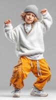 Young boy dancing in vibrant attire during a creative indoor photoshoot in an urban setting, showcasing energetic movements and style photo