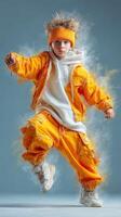 Brightly dressed child in urban fashion poses dynamically against a neutral background photo