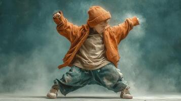 Young boy dancing energetically in a playful pose with a joyful expression on a colorful backdrop photo
