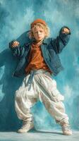 Creative child posing confidently in casual fashion against vibrant blue backdrop in a studio setting photo