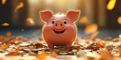 Happy piggy bank surrounded by coins and autumn leaves during a warm afternoon in a cozy setting photo