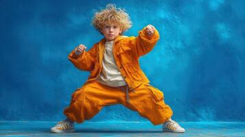 Child in orange outfit striking a playful pose against a bright blue background photo