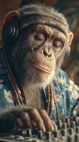 Monkey creates music while wearing headphones and a colorful shirt in a relaxed studio setting photo