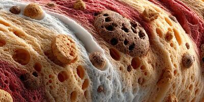 Detailed view of a textured surface resembling desserts at a microscopic level photo