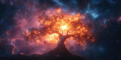 Mystical glowing tree surrounded by cosmic colors in a vibrant celestial landscape at night photo