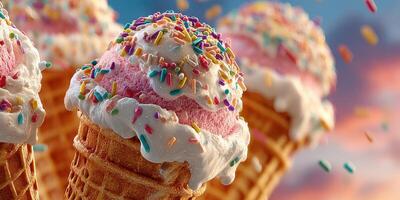 Delightful ice cream cones topped with whipped cream and colorful sprinkles at a summer sunset gathering photo