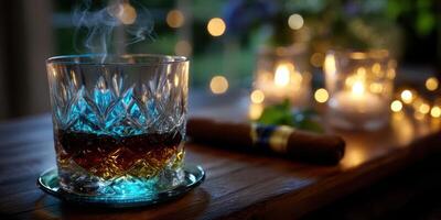 Enjoying a classic whiskey and cigar in a cozy setting with soft lighting and a warm atmosphere during the evening photo