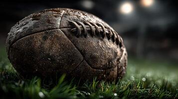 Wet rugby ball rests on green grass during a nighttime game under stadium lights photo