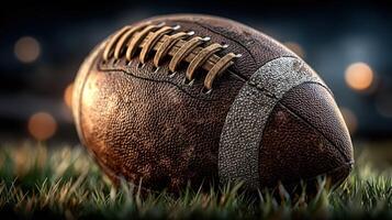 Vintage football resting on grass with dramatic lighting during evening hours photo