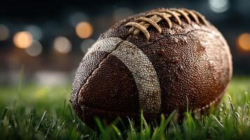 Close-up view of a wet football resting on grass during an evening match in a stadium setting photo
