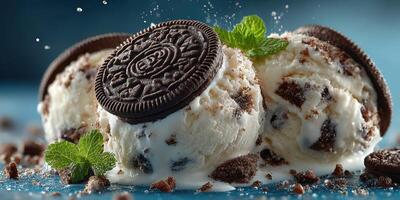 Delicious ice cream scoops topped with chocolate cookies and mint leaves on a blue background photo
